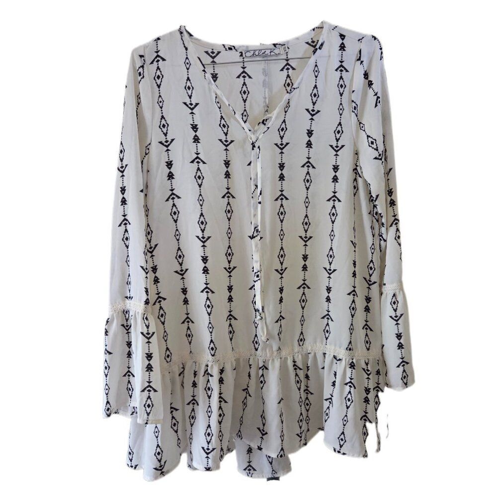 Chloe K White with Black Aztec Print Long Sleeve Boho Style Blouse